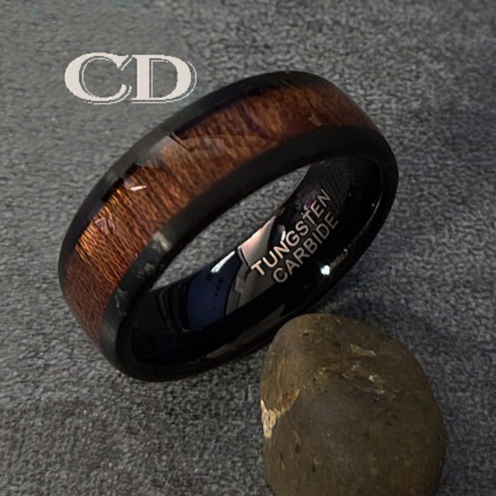 Men's Real Black Tungsten Wedding Ring With Whiskey Barrel Wood Inlay